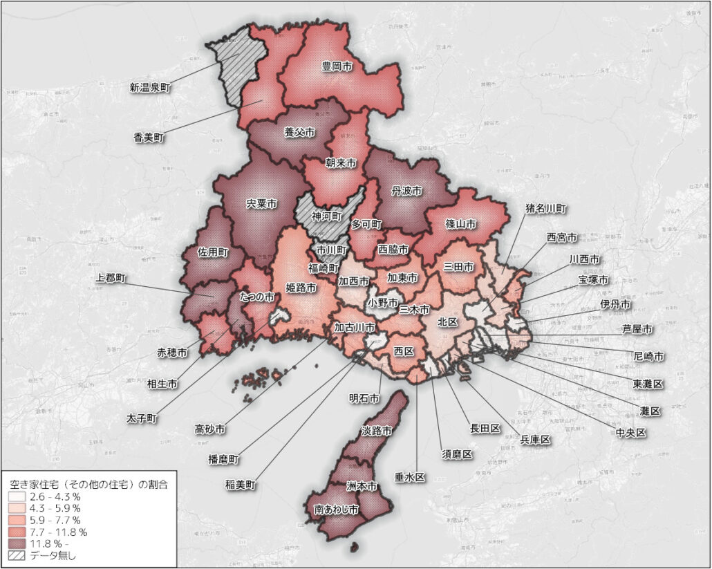 兵庫県の市区町ごとの空き家の割合（その他の住宅） min
