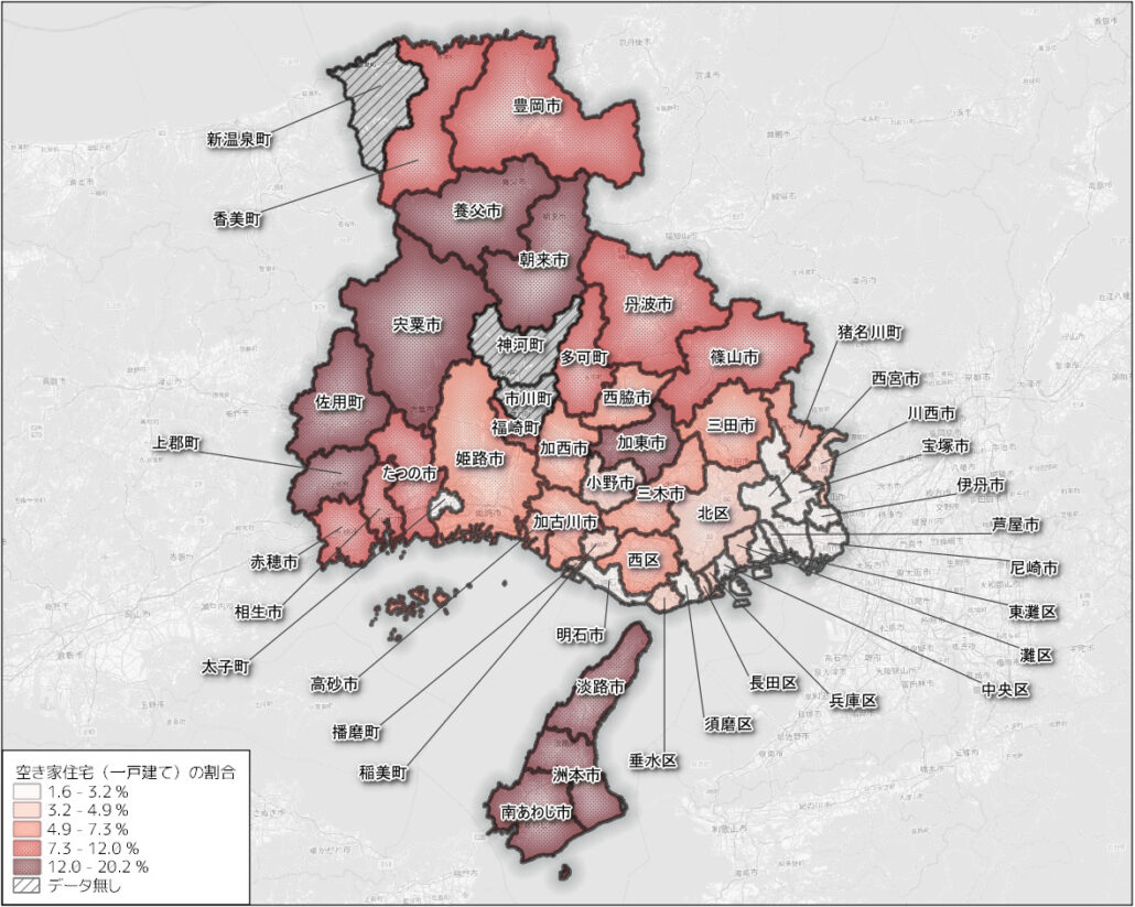兵庫県の市区町ごとの空き家の割合（一戸建て） min